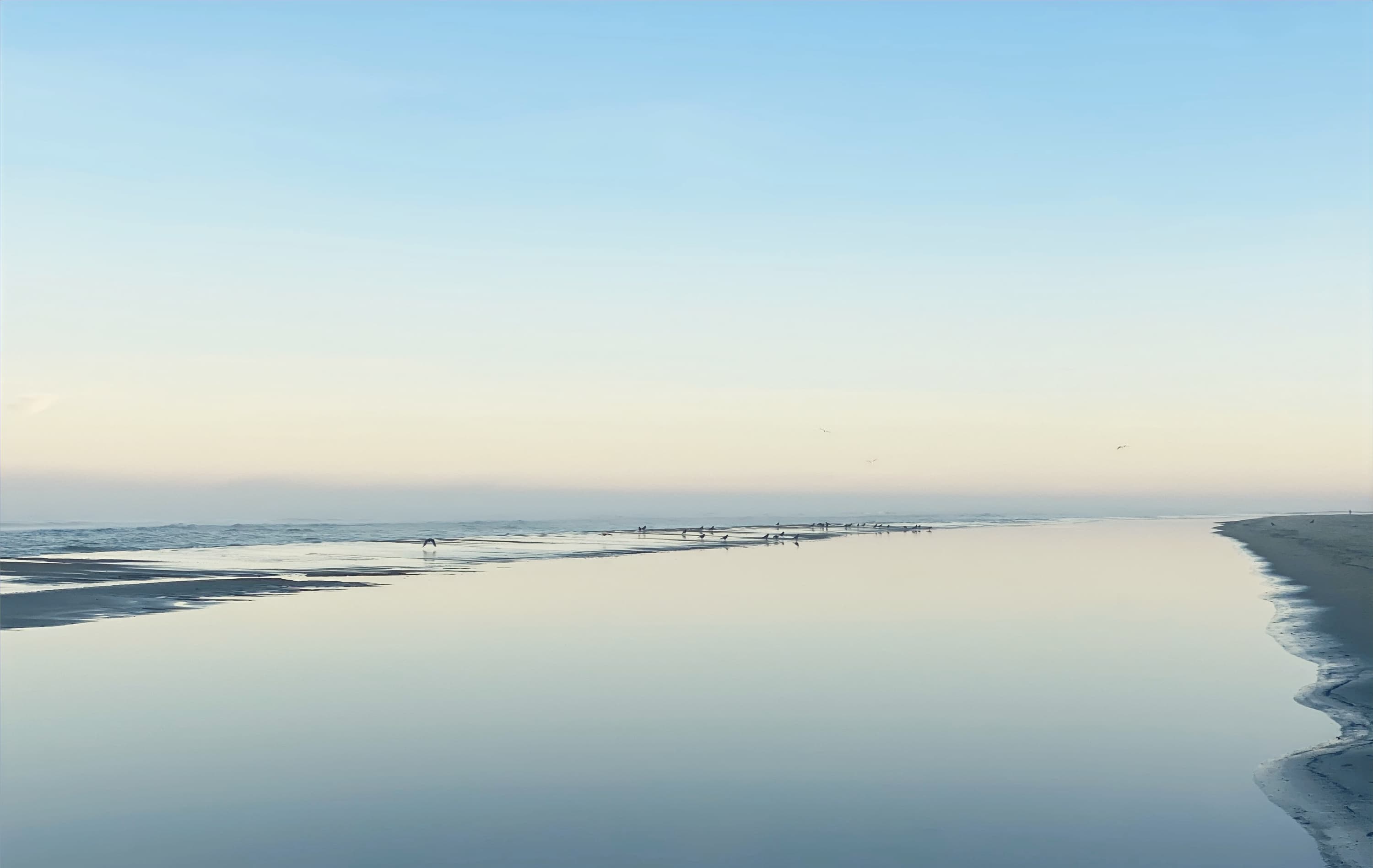 Stille vand og dis over en strand ved solopgang